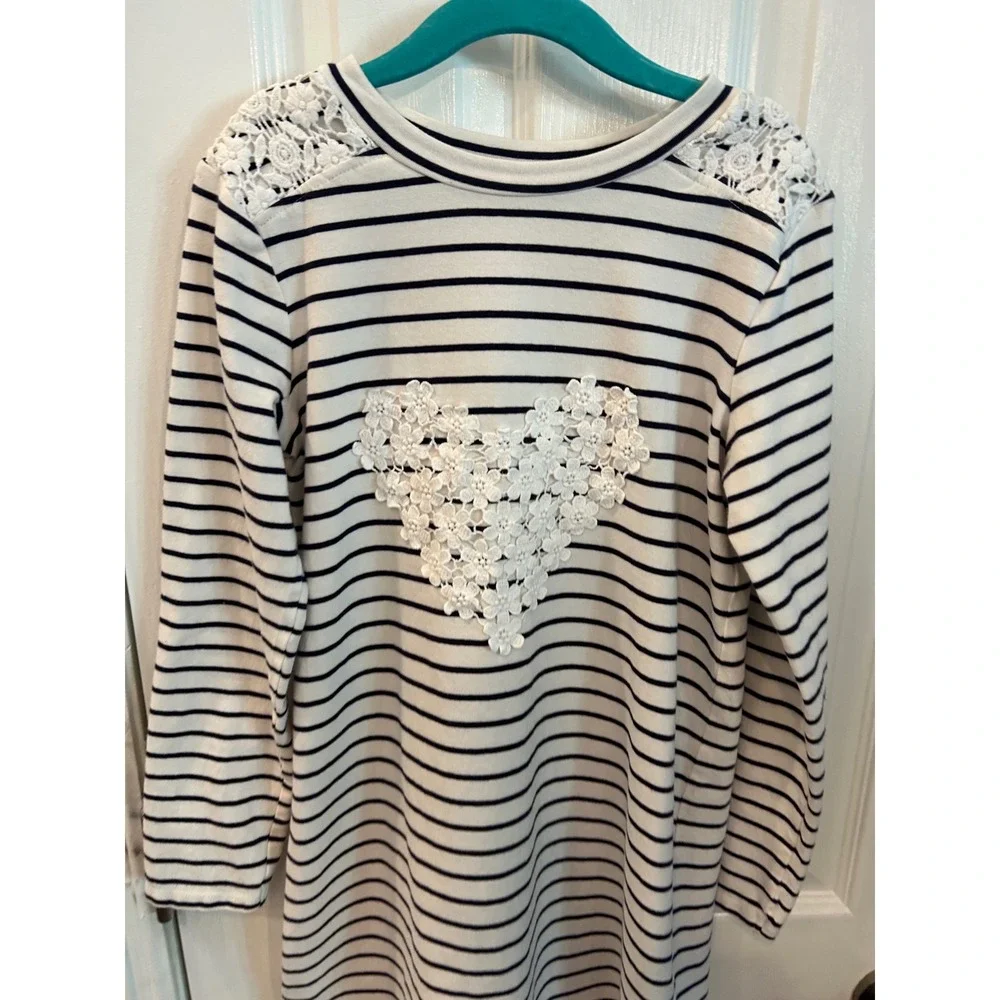 Rumi + Ryder Dress Navy White Striped Lace Heart Crochet Long Sleeve Kids M 8-10